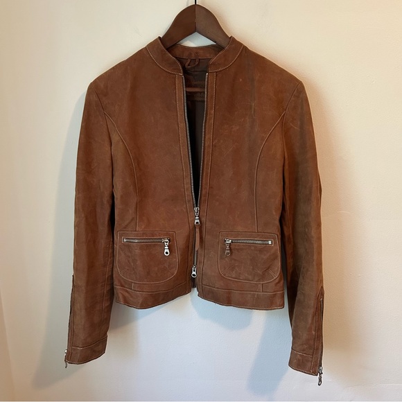 Roots Jackets & Blazers - Roots Tan Brown Nubuck Leather Moto Jacket Tab Collar Zip Up - Sz 6